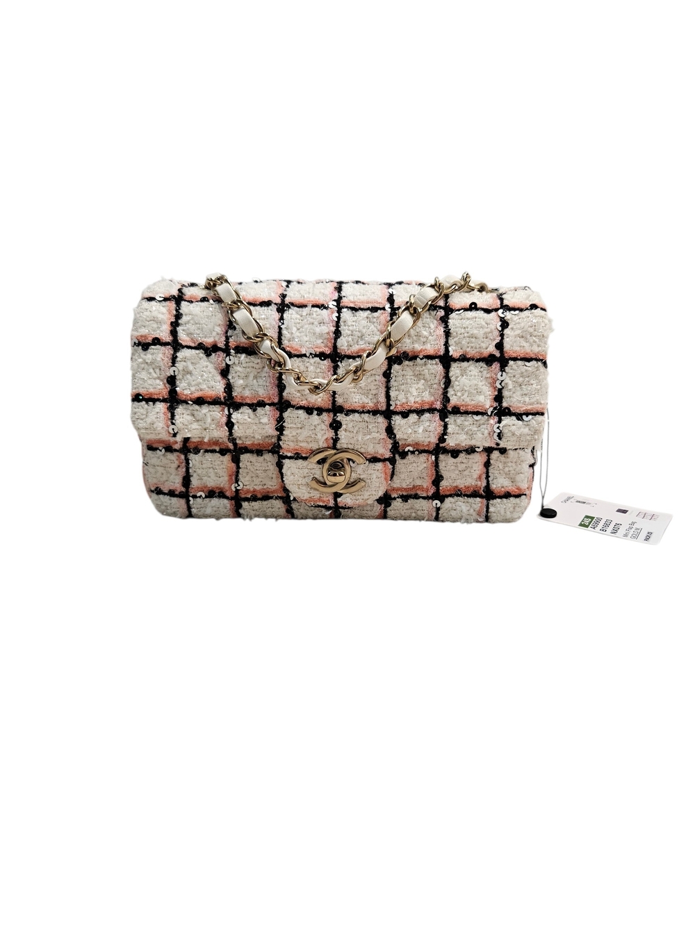 Chanel 24P Tweed Sequin Mini Rectangular Flap Bag Pink White GHW NIB